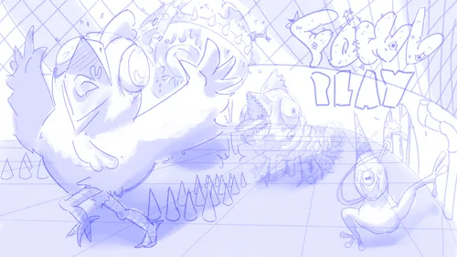 Header Concept 1 - Chicken with Minigun Colored sketch concept art for header showing chicken with minigun facing centipede enemy with Fowl Play title.