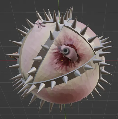 Spike Ball Boss - 3D Render Side View Alternative angle of 3D rendered spiked spherical boss showing multiple eyes and organic texture