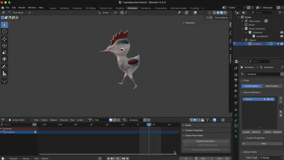 Woodpecker fall animation
